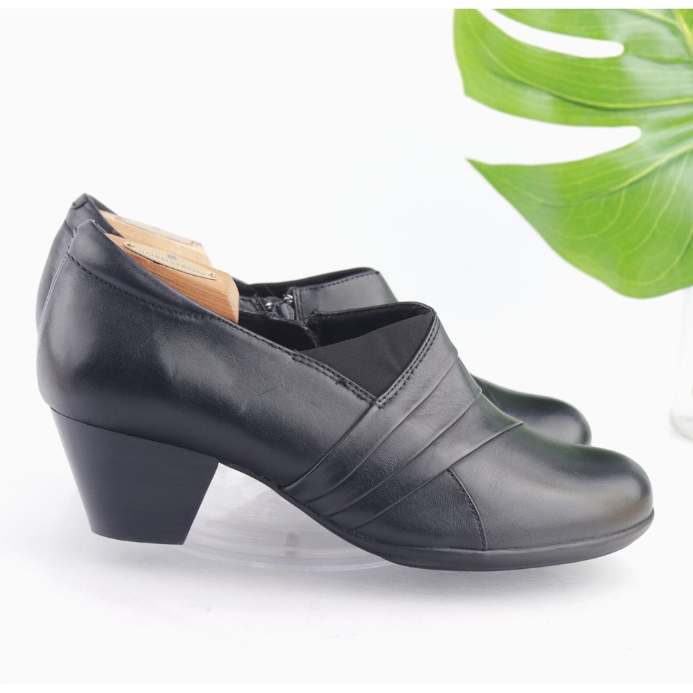 Earth Womens Glory Boot Size 11 Black Leather Low Block Heel Comfort Booties Zip